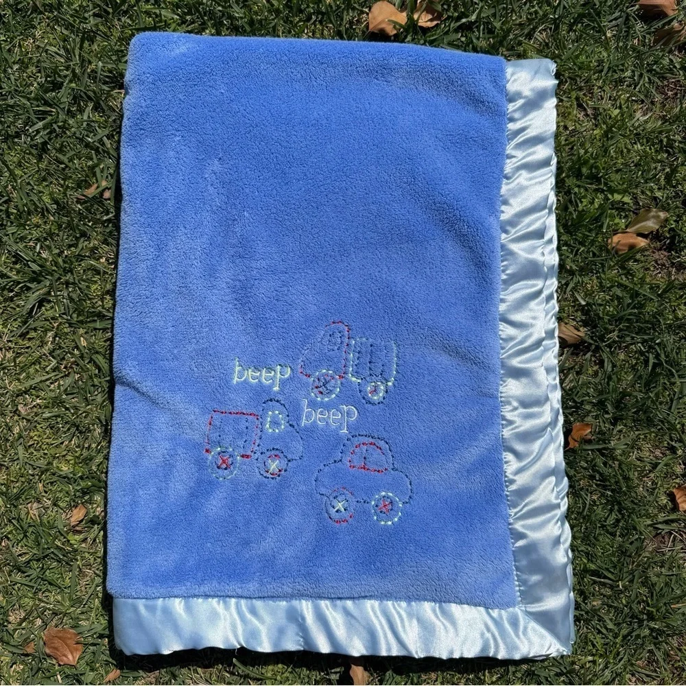 Gerber Beep Beep Car Truck Blue Plush Satin Trim Security Blanket Lovey 30x40